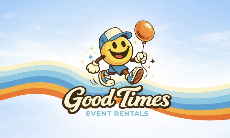 Good Times Event Rentals mascot walking over a retro rainbow with a balloon